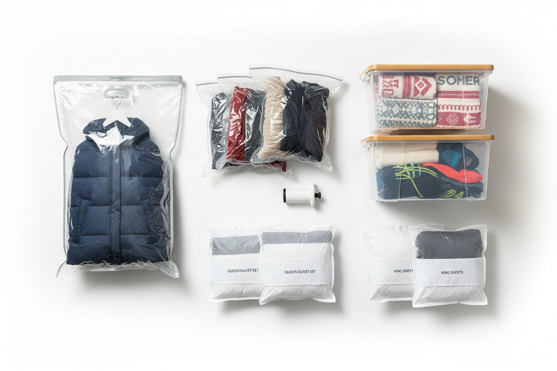 Flat lay of best seasonal storage containers including vacuum compression bags, jumbo hanging bags, and sheet organizer bags