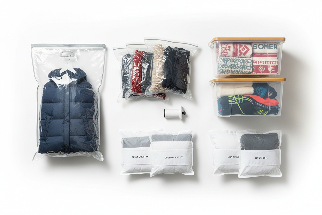 Flat lay of best seasonal storage containers including vacuum compression bags, jumbo hanging bags, and sheet organizer bags