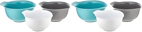 KitchenAid Universal Nesting Plastic Mixing Bowls,Set Of 3,2.5 quart,3.5 quart,4.5-quart,Non Slip Base with Easy Pour Spout to Reduce Mess,Dishwasher Safe,Aqua Sky,White,Gray,(Pack of 2) by Unknown