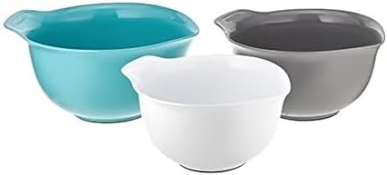 KitchenAid Universal Nesting Plastic Mixing Bowls, Set Of 3, 2.5 quart, 3.5 quart, 4.5 quart, Non Slip Base with Easy Pour Spout to Reduce Mess, Dishwasher Safe, Aqua Sky, White, Gray by Unknown