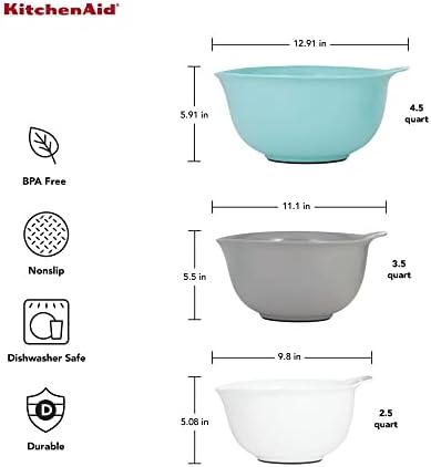 KitchenAid Universal Nesting Plastic Mixing Bowls,Set Of 3,2.5 quart,3.5 quart,4.5-quart,Non Slip Base with Easy Pour Spout to Reduce Mess,Dishwasher Safe,Aqua Sky,White,Gray,(Pack of 2) - Image 3