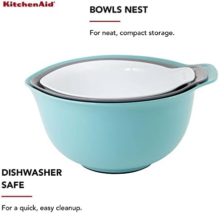KitchenAid Universal Nesting Plastic Mixing Bowls,Set Of 3,2.5 quart,3.5 quart,4.5-quart,Non Slip Base with Easy Pour Spout to Reduce Mess,Dishwasher Safe,Aqua Sky,White,Gray,(Pack of 2) - Image 5