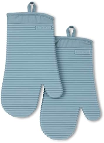 KITCHENAID Ribbed Soft Silicone Oven Mitt 2-Pack Set, 7.5"x13", Fog Blue by KitchenAid