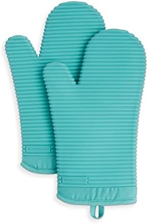 KITCHENAID Ribbed Soft Silicone Oven Mitt 2-Pack Set, 7.5"x13", Aqua Sky by KitchenAid