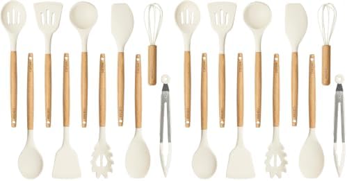 CAROTE Silicone Cooking Utensils Set, Kitchen Utensils Set 10 Pcs for cooking, BPA Free Spatula Set with Heat Resistant Wood Handles for Nonstick Cookware (Cream White) (Pack of 2) by CAROTE