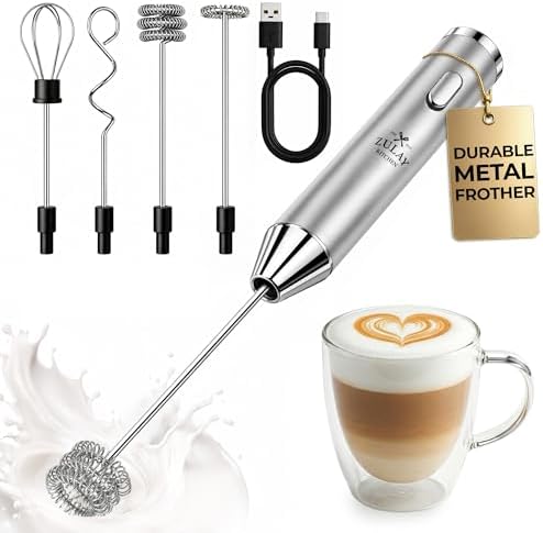 Zulay Kitchen Rechargeable Milk Frother Handheld - Frother Wand, Drink Mixer, Electric Whisk Frother, for Cappuccinos, Matcha & Protein Powder - Ultra Metal 4 Whisk, 1800mAh Silver by ZulayKitchen