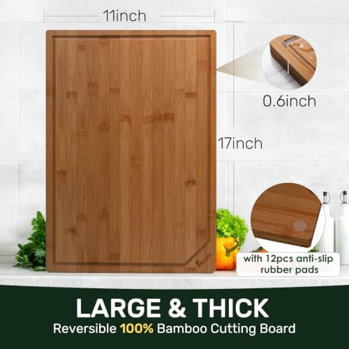 Kikcoin 17”×11” Deep-Carbonized Bamboo Cutting Boards for Kitchen, Healthy Wooden Cutting Boards for Kitchen, Charcuterie, Vegetables, Extra Large Chopping Boards with Deep Juice Groove and Handle - Image 3