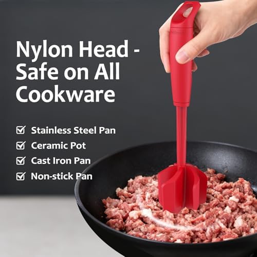 Ourokhome Meat Chopper and Potato Masher, Heat Resistant Nylon Ground Beef Smasher for Hamburger, 5 Curved Blades Nonstick Safe Mixer & Stirrer, Practical Kitchen Gadgets, Red - Image 2