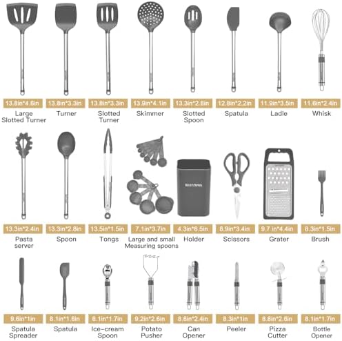 Kitchen Utensil Set-Silicone Cooking Utensils-33 Kitchen Gadgets & Spoons for Nonstick Cookware-Silicone and Stainless Steel Spatula Set-Best Kitchen Tools, Useful Pots (Grey) - Image 2