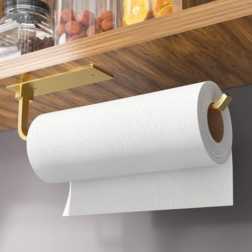 Paper Towel Holder Under Cabinet, Self-Adhesive or Drilling, Gold by niffgaff
