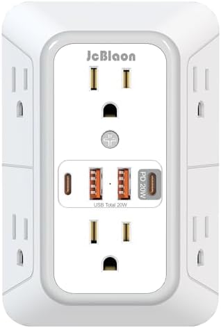 JcBlaon Multi Plug Outlet Surge Protector, Wall Charger with 6 Outlet Splitter with 4 USB Ports(PD 20W), 3-Sided 1050J Surge Protector Power Strip for Home Office Dorm Room Essentials-ETL by JcBlaon