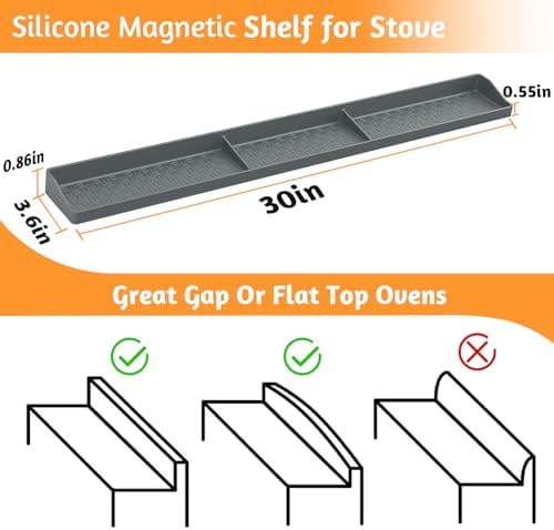Magnetic Stove Shelf for Back of Stove, 30 Inch Silicone Stove Top Spice Rack for Kitchen Organization, Heat Resistant Over the Stove Shelf with 6 Powerful Magnets, Fits Flat & Curved Stoves- Grey - Image 2