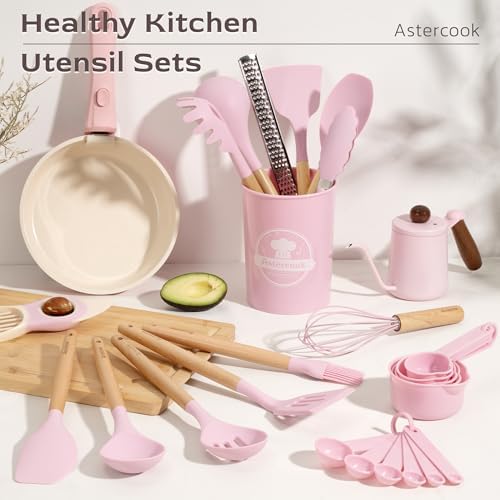 Astercook Kitchen Utensils set, 39 PCS Silicone Cooking Utensils Set with Wooden Handle, 446°F Heat Resistant Food Grade Utensil Sets, BPA Free Kitchen Gadgets Tools Set for Nonstick Cookware (Pink) - Image 2