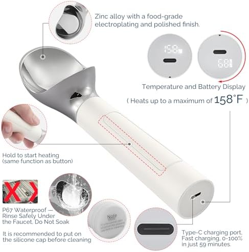 Heated Ice Cream Scoop Rechargeable, Electric Warming Ice Cream Scooper with LED Display, Heats to 158°F for Hard Ice Cream, Easy for Seniors & Kids, IP67 Waterproof (White, 2 oz) - Image 3