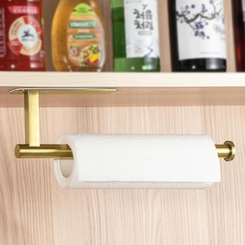 ASTOFLI Paper Towel Holder Under Cabinet No Drilling, Self Adhesive Paper Towel Holder Wall Mount for Kitchen Rack, Under Counter Napin Holder No Drill, RV, 304 Stainless Steel, Gold Brass 2 Pack - Image 6