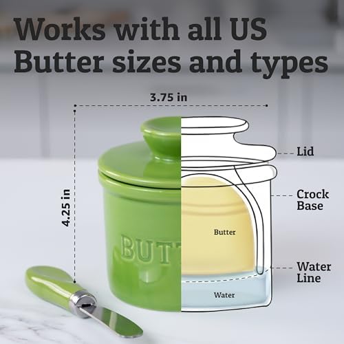Priority Chef Butter Crock with Lid for Countertop with Spreader Knife and Water Line, Soft Spreadable Butter, Ceramic French Butter Dish with Lid, Green - Image 5