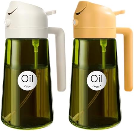 YARRAMATE 2PCS 16oz/470ml Oil Sprayer for Cooking with Stickers, Food-Grade 2 in 1 Olive Oil Dispenser Bottle for Kitchen, Premium Dark Green Glass Oil Bottle for Air Fryer, BBQ(White & Orange) by YARRAMATE