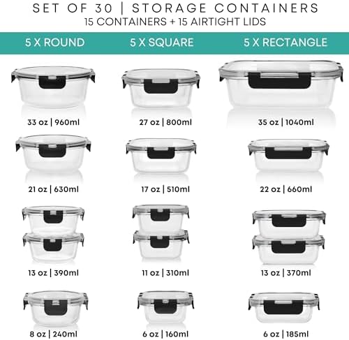 Razab 30 PC Glass Food Storage Containers with Lids - Reusable Glass Meal Prep Containers for Lunch and Leftovers - Airtight & Leakproof Snap Locking Lids - Oven, Freezer, Microwave, Dishwasher Safe - Image 2