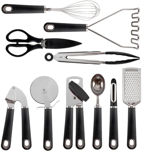 COOK WITH COLOR Kitchen Gadget Set Stainless Steel Utensils with Soft Touch Handles, 7 Pieces, Stainless Steel Black by CookwithColor