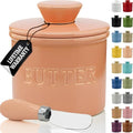 Priority Chef Butter Crock with Lid for Countertop with Spreader Knife and Water Line, Soft Spreadable Butter, Ceramic French Butter Dish with Lid, Peach by PriorityChef