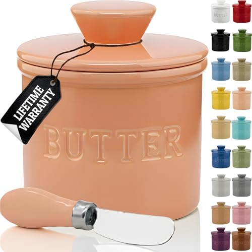Priority Chef Butter Crock with Lid for Countertop with Spreader Knife and Water Line, Soft Spreadable Butter, Ceramic French Butter Dish with Lid, Peach by PriorityChef