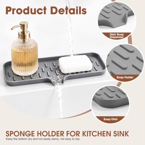 CAKETIME 2 Pack Silicone Soap Dish with Drain Spout for Bathroom Shower Caddy Kitchen Counter Bar Sponge Holder Drying Rack Sink Organizer Apartment Home Household Necessities Light Gray Large - Image 2