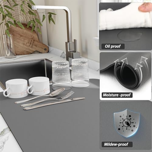 HotLive Dish Drying Mat for Kitchen Counter, Heat Resistant Drainer Mats with Non-slip Rubber Backed, Hide Stain Kitchen Super Absorbent Draining Mat, Easy to Clean Dish Rack Pad, Dark Grey 18"x28" - Image 3