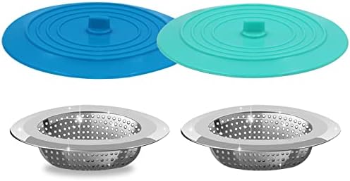 V-TOP Kitchen Drain Strainer Stopper 4 Pack, Universal 6 Inch Silicone Plug Anti-Clogging Stopper Cover, 4.5 Inch Stainless Steel Basket Strainer Food and Hair Catcher by V-TOP