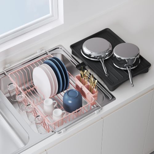 JASIWAY Pink Dish Drying Rack in Sink with Drainboard and Utensil Holder by JASIWAY