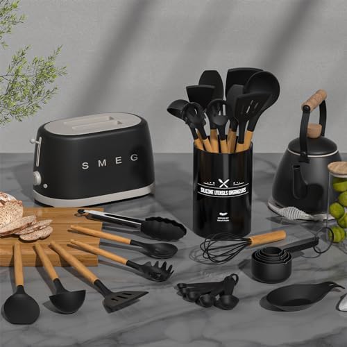 Umite Chef Kitchen Cooking Utensils Set, 33 pcs Non-Stick Silicone Cooking Kitchen Spatula Set with Holder, Wooden Handle Silicone Kitchen Gadgets Utensil Set (Black) - Image 2