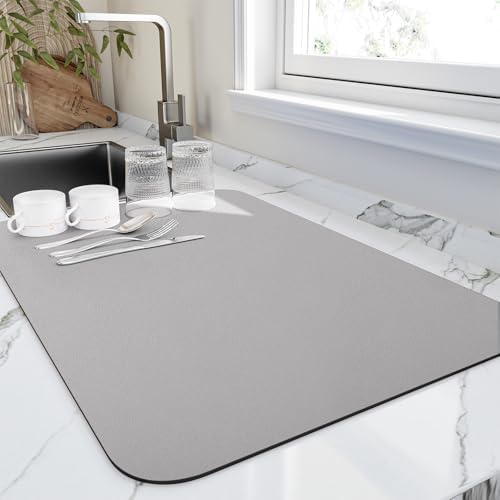 HotLive Dish Drying Mat for Kitchen Counter, Heat Resistant Drainer Mats with Non-slip Rubber Backed, Hide Stain Kitchen Super Absorbent Draining Mat, Easy to Clean Dish Rack Pad, Grey 18"x24" by HotLive