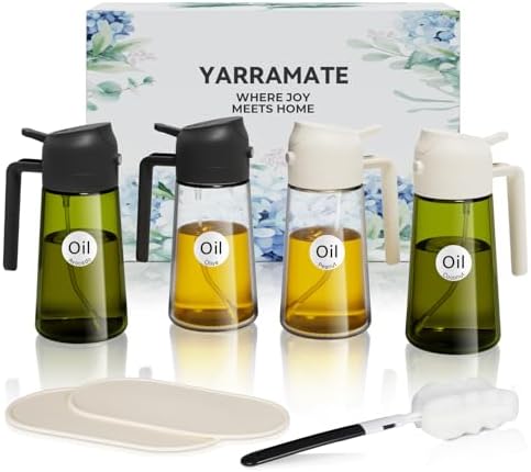 YARRAMATE 4Pcs 16oz/470ml Glass Olive Oil Sprayer Set with Stickers, Kitchen Gadgets, Including 2Pcs Non-Slip Bottle Mat, Cleaning Brush-Aesthetic Ideal Kitchen Gift by YARRAMATE