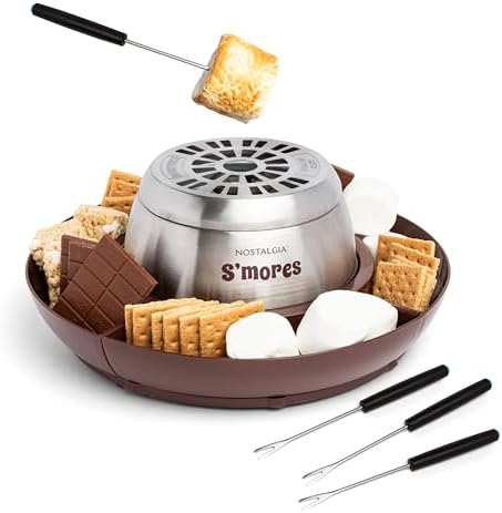 Nostalgia Tabletop Indoor Electric S'mores Maker - Smores Kit With Marshmallow Roasting Sticks and 4 Tray Lazy Susan for Graham Crackers, Chocolate, and Marshmallows - Movie Night Supplies - Brown by Nostalgia