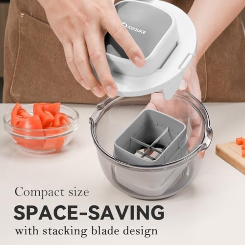 KEOUKE Multifunctional Vegetable Chopper Bowl White - 3 Interchangeable Blades Potato French Fry Cutter with Container & Storage Box Food Chopper Dicer for Cucumber, Tomato, Carrot, Onion - Image 6