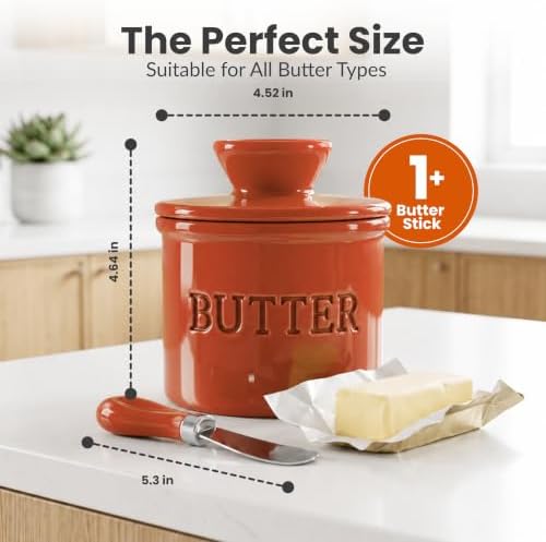 Priority Chef Butter Crock with Lid for Countertop with Spreader Knife and Water Line, Soft Spreadable Butter, Ceramic French Butter Dish with Lid, Rust - Image 6