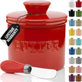 Priority Chef Butter Crock with Lid for Countertop with Spreader Knife and Water Line, Soft Spreadable Butter, Ceramic French Butter Dish with Lid, Red by PriorityChef