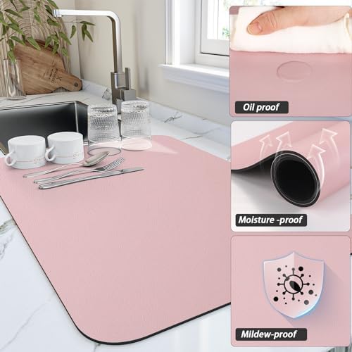 HotLive Dish Drying Mat for Kitchen Counter, Heat Resistant Drainer Mats with Non-slip Rubber Backed, Hide Stain Kitchen Super Absorbent Draining Mat, Easy to Clean Dish Rack Pad, Pink 18"x28" - Image 3