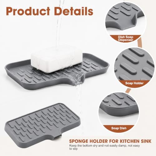 CAKETIME 2 Pack Silicone Soap Dish with Drain Spout for Bathroom Shower Caddy Kitchen Counter Bar Sponge Holder Drying Rack Sink Organizer Apartment Home Household Necessities Light Gray Medium - Image 5