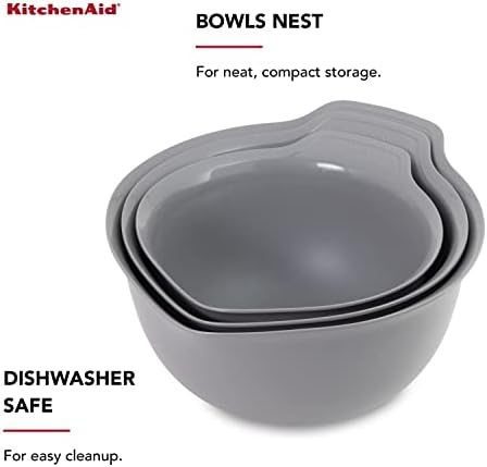 KitchenAid Universal Nesting Plastic Mixing Bowls, Set Of 3, 2.5 quart, 3.5 quart, 4.5 quart, Non Slip Base with Easy Pour Spout to Reduce Mess, Dishwasher Safe, Gray - Image 4
