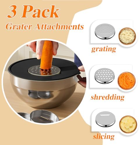 Mixing Bowls with Lids Set, 6 PCS Stainless Steel Mixing Bowls with 3 Grater Attachments, Kitchen Food Storage Organizers Nesting Mixing Bowl, Large Size 4.5, 3.5, 2.1, 1.5, 1.1, 0.7QT-Black - Image 3