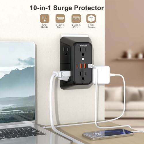 JcBlaon Outlet Extender Surge Protector - 6 Outlet Splitter with 4 USB Ports (2 USB C), Multiple Plug Expander Wall Charger, 3 Sided Multi Plug Wall Adapter Power Strip for Home Office Travel-ETL - Image 2