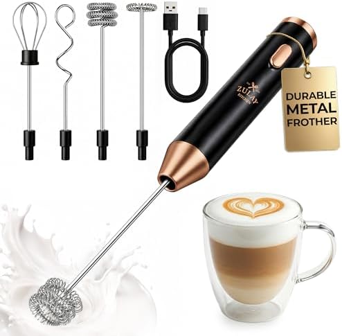 Zulay Kitchen Rechargeable Milk Frother Handheld - Frother Wand, Drink Mixer, Electric Whisk Frother, for Cappuccinos, Matcha & Protein Powder - Ultra Metal 4 Whisk, 1800mAh Black Copper by ZulayKitchen