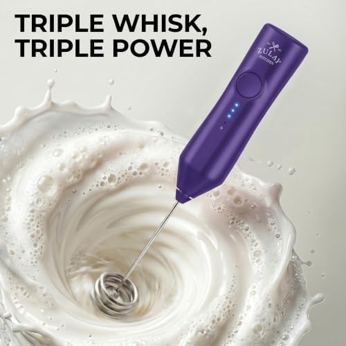 Zulay Kitchen Rechargeable Milk Frother Handheld - Frother Wand, Drink Mixer, Electric Whisk Frother, for Cappuccinos, Matcha & Protein Powder - Dynamic Triple Whisk, 3 Speed 500mAh Purple - Image 2