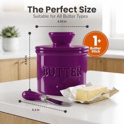 Priority Chef Butter Crock with Lid for Countertop with Spreader Knife and Water Line, Soft Spreadable Butter, Ceramic French Butter Dish with Lid, Purple - Image 6