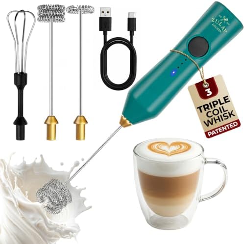 Zulay Kitchen Rechargeable Milk Frother Handheld - Frother Wand, Drink Mixer, Electric Whisk Frother, for Cappuccinos, Matcha & Protein Powder - Dynamic 3 Whisk, 3 Speed 500mAh Green Gold by ZulayKitchen