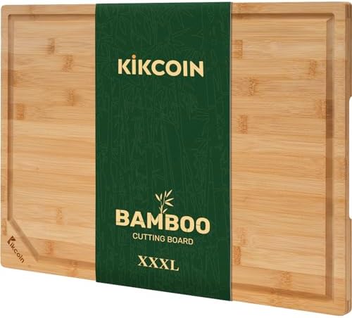Kikcoin 24”×18” Bamboo Cutting Boards for Kitchen, Wooden Healthy Cutting Boards for Charcuterie, Vegetables, Cheese, Bread, Extra Large Chopping Boards with Deep Juice Groove and Handle, Natural by Kikcoin