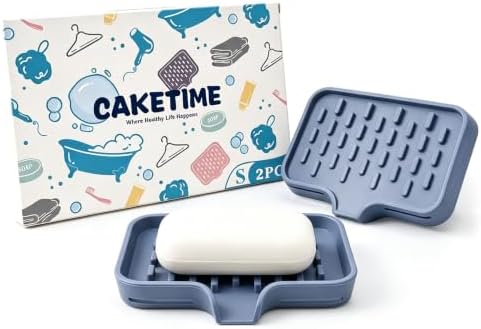 CAKETIME 2 Pack Silicone Soap Dish with Drainage Holes for Bathroom Shower Caddy Kitchen Counter Sponge Holder Bar Sink Organizer Tray Container Drying Accessories Small Case Saver Box Stuff Blue by CAKETIME
