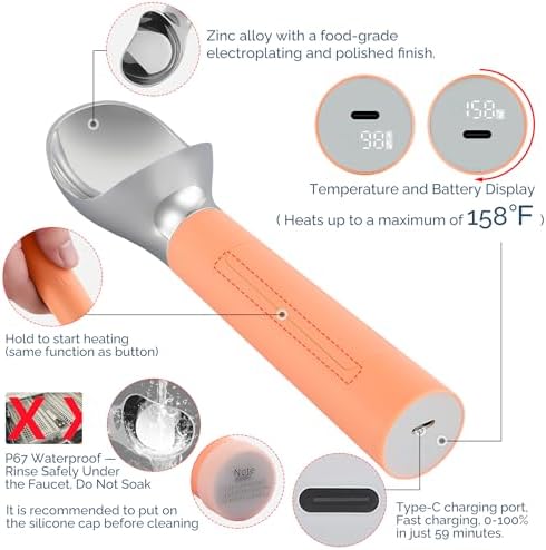 Heated Ice Cream Scoop Rechargeable, Electric Warming Ice Cream Scooper with LED Display, Heats to 158°F for Hard Ice Cream, Easy for Seniors & Kids, IP67 Waterproof (Peach Fuzz, 2oz) - Image 3