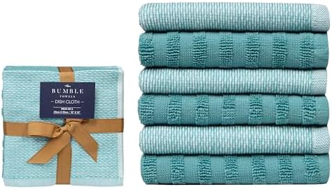 Bumble Premium Dish Cloths 13"x13" (6 Pack) | 100% Natural Ring Spun Cotton | 400 GSM | Highly Absorbent & Soft |Yarn Dyed & Solid Dyed Terry Dish Cloth Set - Aqua - Image 2