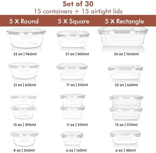 Razab 30 PC Glass Food Storage Containers with Lids - Reusable Glass Meal Prep Containers for Lunch and Leftovers - Airtight & Leakproof Snap Locking Lids - Oven, Freezer, Microwave, Dishwasher Safe - Image 2